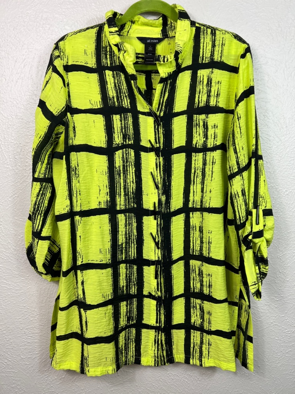 Ali Miles Black & Lime Green Yellow Art to Wear Tab Sleeve Tunic Top Large